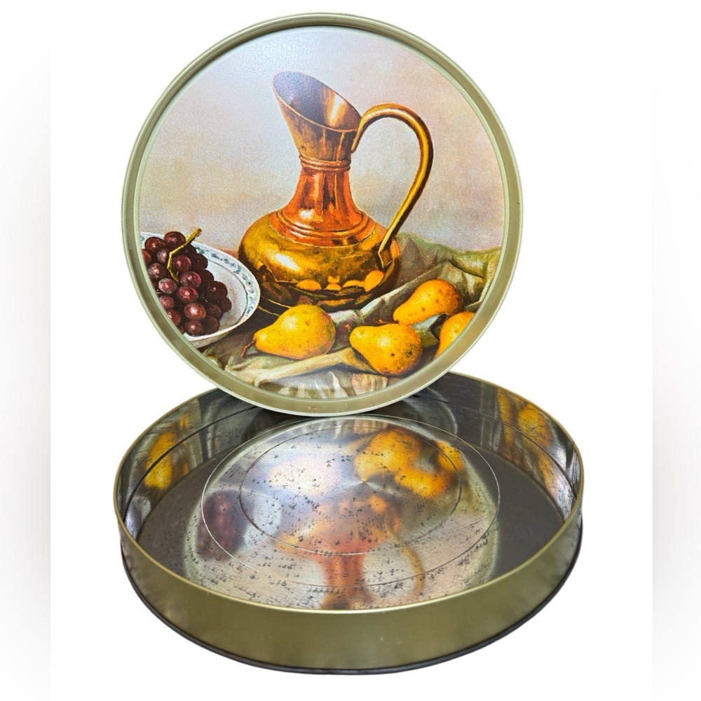 Vintage Round Metal Cookie Container with Serving Tray Lid  - Pitcher & Fruits